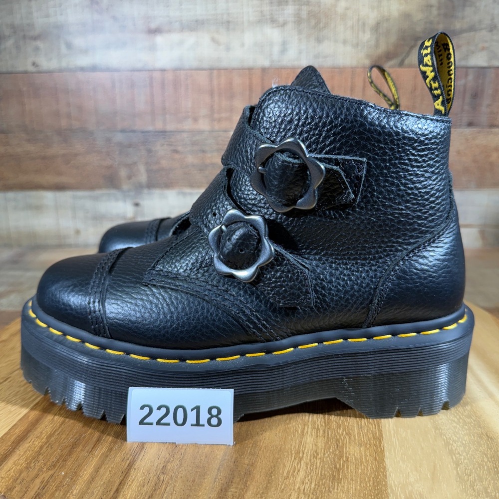 Dr. Martens Devon Flower Boots Womens 7 Black Leather Platform Buckle Ankle Goth